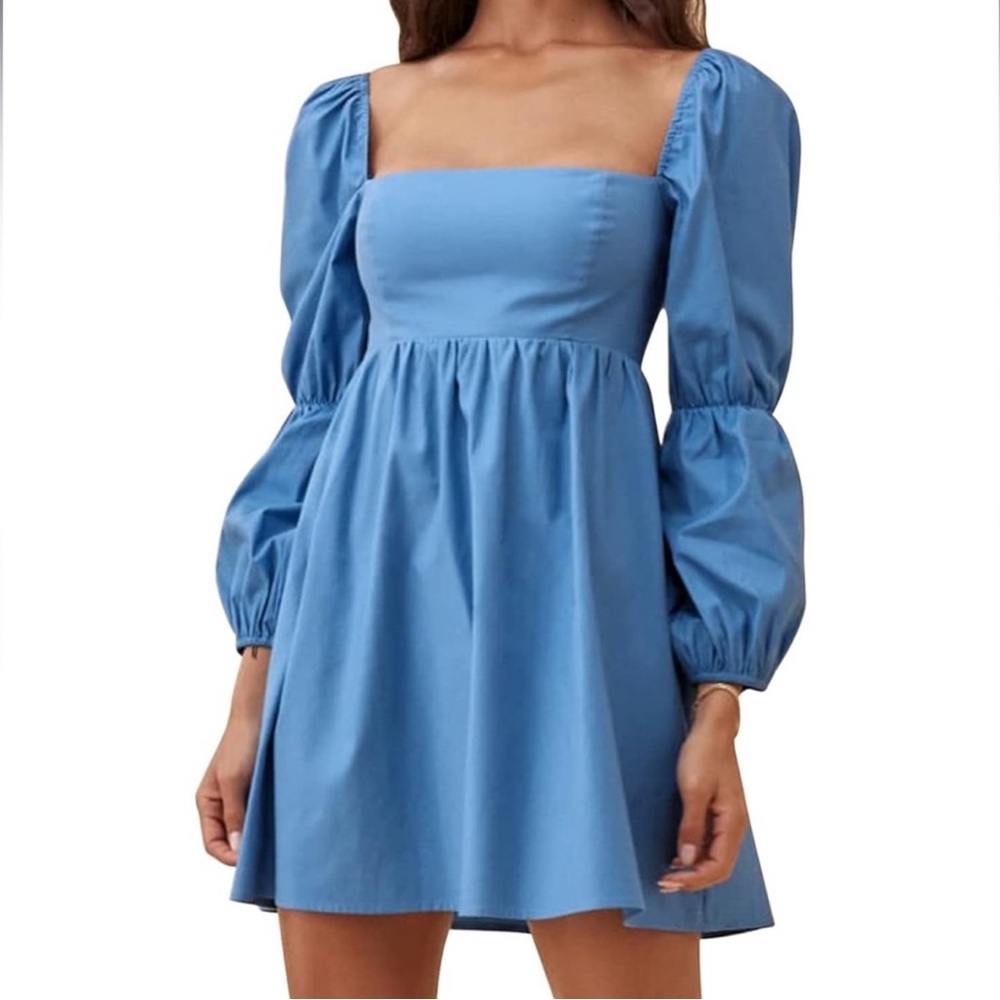 EXLURA Square Neck Dress Long Puff Sleeve A-Line Short Mini Dress, Blue, Large